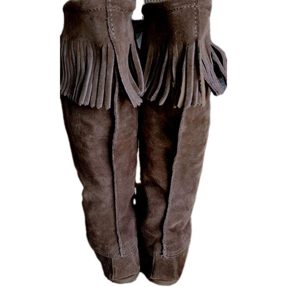 Minnetonka 1422 Leather Moccasins Tall Fringe Suede Boho Lace Up Boots Size 10 - Picture 4 of 7